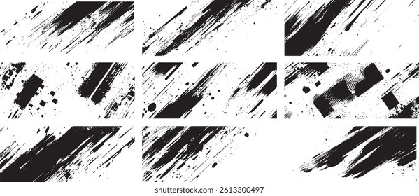 Abstract Grunge Brush Stroke and Geometric Splatter Texture Set, Urban Ink Design Elements