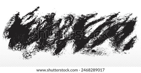 Abstract grunge brush strokes isolated on transparent background. Vector grungy background. Splashes black paint. Splash of ink. Traces of graphite, coal, pencil on paper. Texture for graphic design.