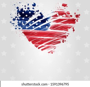 Abstract grunge brushed flag of USA in heart shape. Template for United states of America national holidays (Independence day, Veteran's day, Memorial day, etc). Square background template with stars.