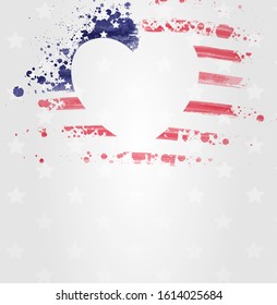 Abstract grunge brushed flag of USA in heart shape. Template for United states of America national holidays (Independence day, Veteran's day, Memorial day, etc). Background template with stars.