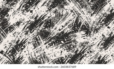 Abstract grunge brushstroke texture with chaotic black and white strokes, creating a dynamic and expressive artistic pattern.