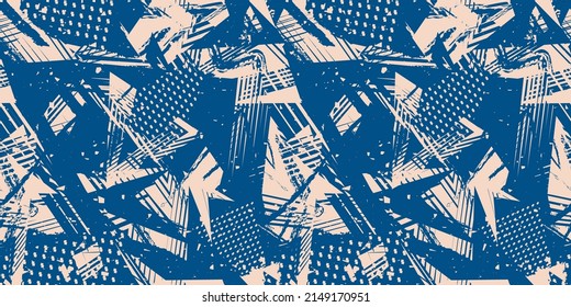 Abstract grunge camouflage seamless pattern. Urban art texture with chaotic shapes, lines, dots, strokes, paint splashes, patches. Blue and beige graffiti vector background. Modern funky repeat design