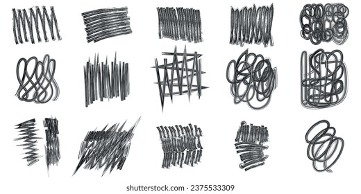 Abstract grunge charcoal scribble stripes, handdrawn doodle bold shapes. Chalk crayon or marker doodle rouge freehand scratches. Vector illustration of lines, waves, arrows, squiggles by brushstroke