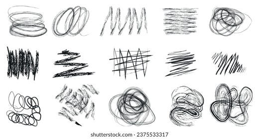 Abstract grunge charcoal scribble stripes, handdrawn doodle bold shapes. Chalk crayon or marker doodle rouge freehand scratches. Vector illustration of lines, waves, arrows, squiggles by brushstroke
