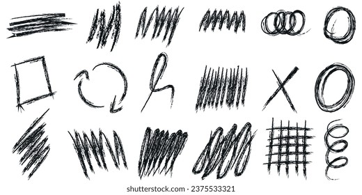 Abstract grunge charcoal scribble stripes, handdrawn doodle bold shapes. Chalk crayon or marker doodle rouge freehand scratches. Vector illustration of lines, waves, arrows, squiggles by brushstroke