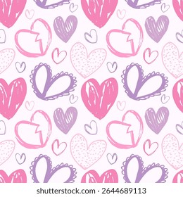 Abstract grunge chic heart pattern. Funky marker drawn love pattern. Soft pastel hearts seamless pattern. Playful romantic hearts pattern for fabrics, fashion, wrapping paper, packaging. Pink and