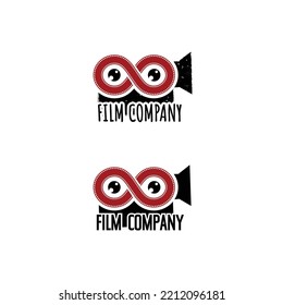 Resumen de la plantilla vectorial del logotipo del cine grunge con el signo infinito y el ojo aislado en el fondo blanco.