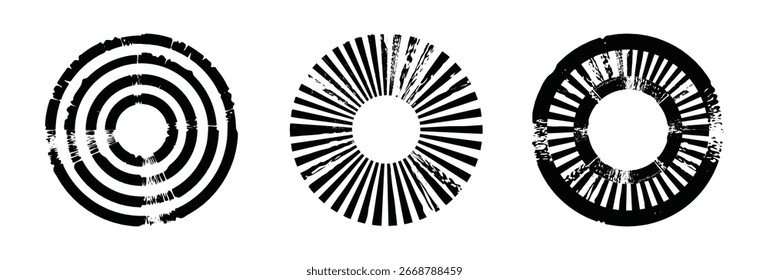 Patrones Abstractas de grunge – anillos concéntricos y texturas circulares, anillos grunge y diseños de textura semitono.
