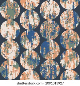 Abstract Grunge Circle Repeat Pattern. Blue, Green And Orange Colorful Circle Pattern On Dark Background.