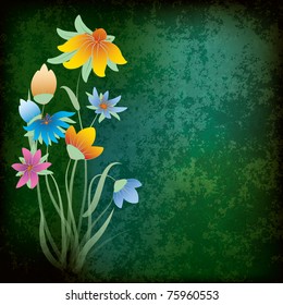abstract grunge composition with flowers on dirty green background