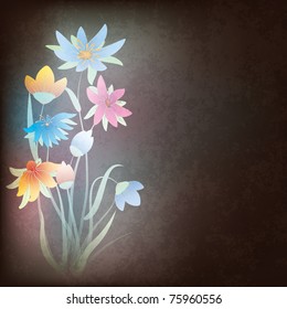 abstract grunge composition with flowers on black background