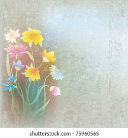 abstract grunge composition with flowers on dirty background