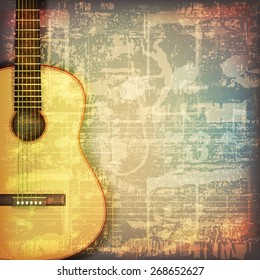 abstract grunge cracked music symbols vintage background with acoustic guitar