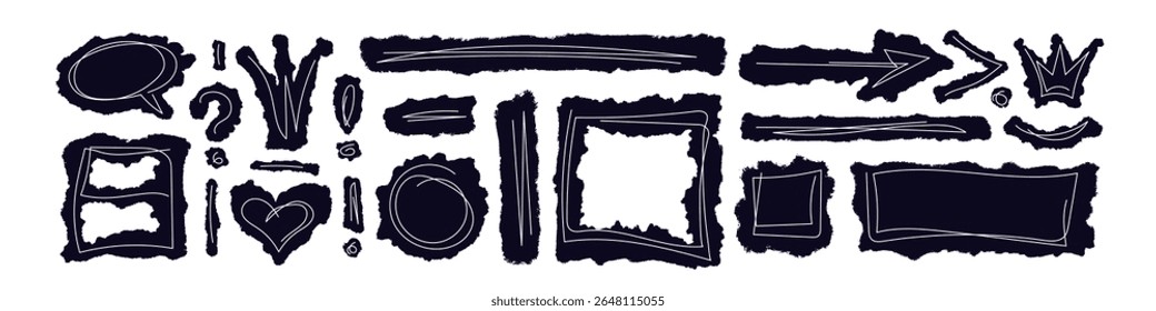 Abstract grunge curved set, paper cloud, ragged arrow, frame, heart, crown, dot with chaos line. Texture ripped paper silhouette. Dirt vector imprint batch isolated on white backdrop