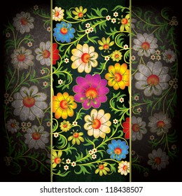abstract grunge dark background with floral ornament on black