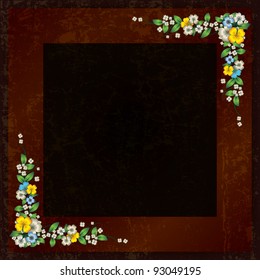 abstract grunge dark brown background with spring flowers