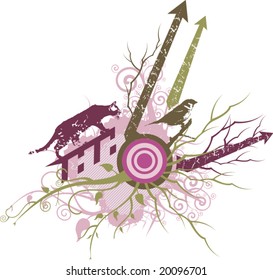 Abstract grunge design with a cat and sparrow, vector illustration series.