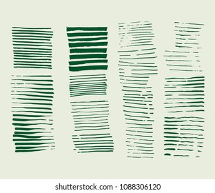 Abstract grunge design. Striped texture. Vector illustration set. Paintbrush line. Paint Stripes backdrop. Dry Brush Stroke and stretches. Isolated textured shape. Hand painted. Modern rough style.