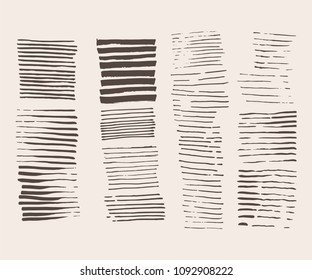 Abstract grunge design. Striped texture. Vector illustration set. Paintbrush line. Paint Stripes backdrop. Dry Brush Stroke and stretches. Isolated textured shape. Hand painted. Modern rough style.