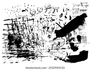 Fondo de textura de Vector de tinta afligido grunge Abstractas, trazos de pincel de tinta desordenados, sellos, manchas y marcas en papel