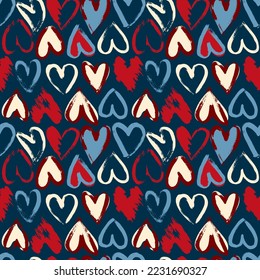 Abstract Grunge Dry Brush Heart Seamless Colorful Watercolor Vector Pattern.