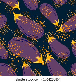 Abstracta el patrón sin fisuras de las berenjenas. Papel de pared sin fin en Aubergines. Fondo decorativo para el diseño de tejidos, impresión textil, tejidos de cocina, envoltura, cubierta.  Ilustración vectorial de alimentos. 