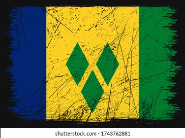 Bandera abstracta granulada del país de San Vicente y las Granadinas. Feliz día de la independencia. Bandera del pincel sobre fondo negro brillante