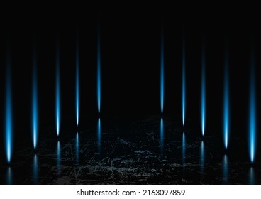 Abstract grunge floor dark space with blue light rays and reflections, vector illustration.