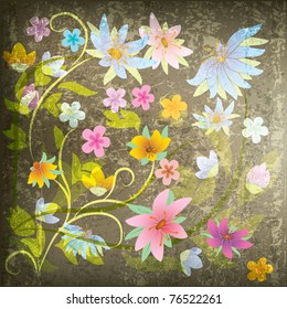 abstract grunge floral background with flowers on green