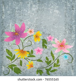abstract grunge floral background with flowers on grey