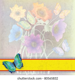 abstract grunge floral background with green butterfly