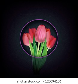 abstract grunge floral background with red tulips on black