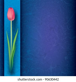abstract grunge floral background with red tulip on blue