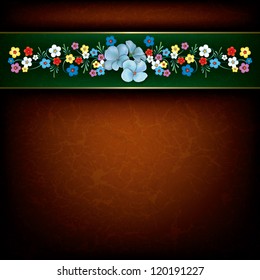 abstract grunge floral background with spring flowers on green ribbon