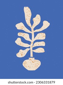 Abstract Grunge Floral Design. Ivory Beige Tropical Plant Flower in a Pot on an Azure Blue Background. Modern Poster with Leaves in a Vase. Simple Grunge Contemporary Minimal Vector Art.