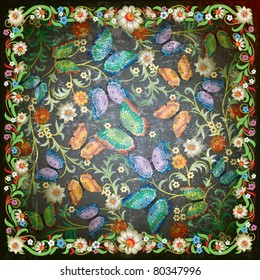 abstract grunge floral ornament and butterflies on dark