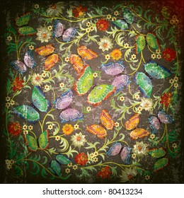 abstract grunge floral ornament and butterflies on green
