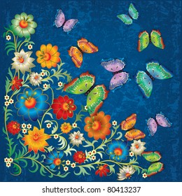 abstract grunge floral ornament and butterflies on blue background