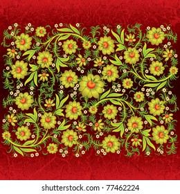abstract grunge floral ornament with gold flowers on red