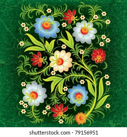 abstract grunge floral ornament with orange flowers on green background