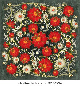 abstract grunge floral ornament with red flowers on grey