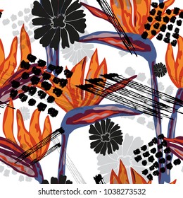 Abstrakte Grunge Blumen nahtloses Muster mit Vogel von Paradiesblumen, Design-Element. Organische Textur. Kann für Einladungen, Grußkarten, Scrapbooking, Druck, Geschenkverpackungen, Herstellung verwendet werden