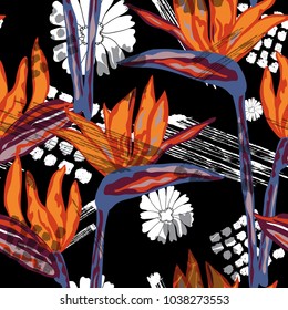 Abstract grunge floral seamless pattern with strelitzia flowers, design element. Organic texture. Can be used for invitations, greeting cards, scrapbooking, print, gift wrap, manufacturing