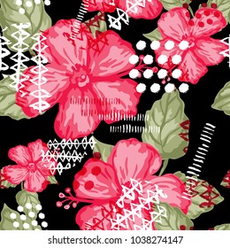 Abstract grunge floral seamless pattern with hibiscus flowers, design element. Organic texture. Can be used for invitations, greeting cards, scrapbooking, print, gift wrap, manufacturing