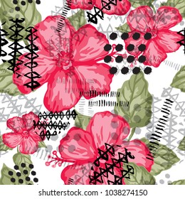 Abstract grunge floral seamless pattern with hibiscus flowers, design element. Organic texture. Can be used for invitations, greeting cards, scrapbooking, print, gift wrap, manufacturing