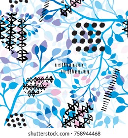 Abstract grunge floral seamless pattern with blue leaves , design element. Organic texture. Can be used for invitations, greeting cards, scrapbooking, print, gift wrap, manufacturing