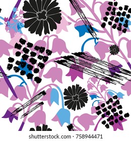 Abstract grunge floral seamless pattern with bluebell flowers, design element. Organic texture. Can be used for invitations, greeting cards, scrapbooking, print, gift wrap, manufacturing