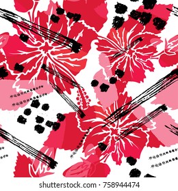 Abstract grunge floral seamless pattern with hibiscus flowers, design element. Organic texture. Can be used for invitations, greeting cards, scrapbooking, print, gift wrap, manufacturing