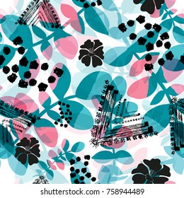 Abstract grunge floral seamless pattern with pastel leaves, design element. Organic texture. Can be used for invitations, greeting cards, scrapbooking, print, gift wrap, manufacturing