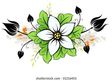 Abstract grunge flower with leaves and buds